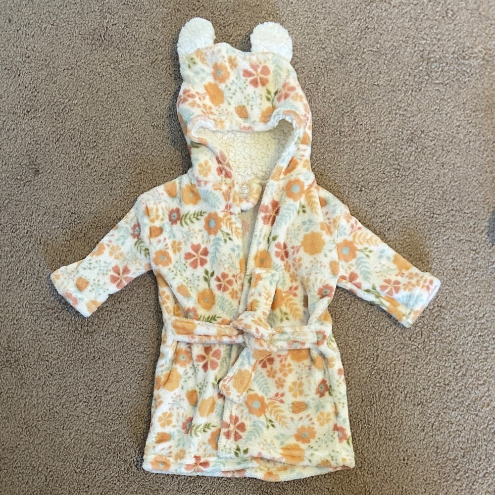 Floral Baby Robe with Bear Ears - Orange and Cream